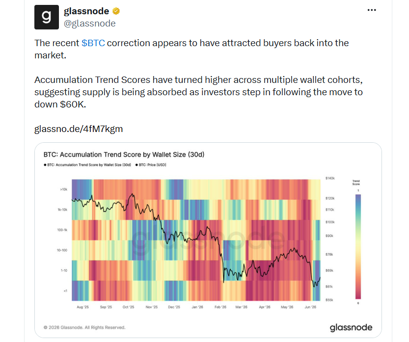 Zdá se, že nedávná korekce bitcoinu přilákala kupující zpět na trh. Ukazatele Accumulation Trend Score se zlepšily napříč několika skupinami peněženek, což naznačuje, že nabídka je postupně absorbována investory, kteří začali nakupovat po poklesu ceny k úrovni 60 000 dolarů.