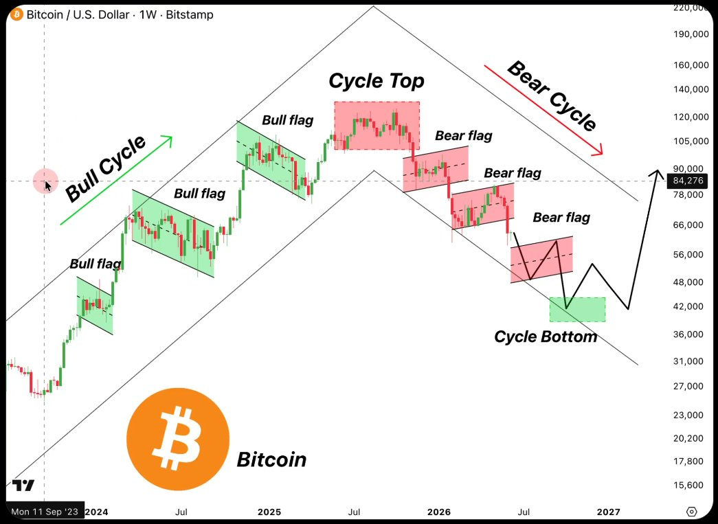 Schéma bitcoinového tržního cyklu – býčí a medvědí fáze s vlajkovými formacemi (Bull flag, Bear flag), vrchol a dno cyklu