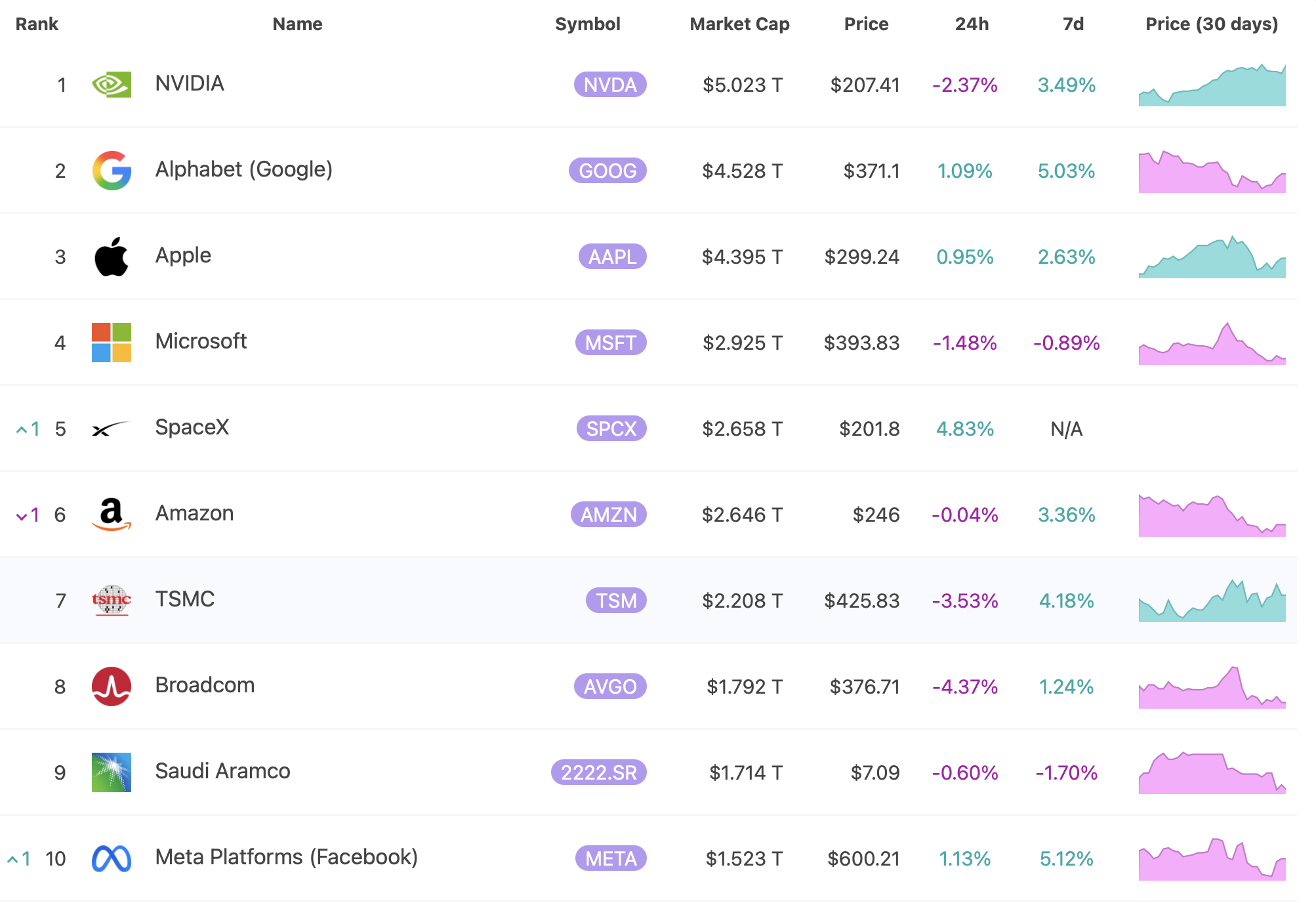 SpaceX je v současné chvíli pátou největší veřejně obchodovanou společností světa. Zdroj: 8marketcap.com