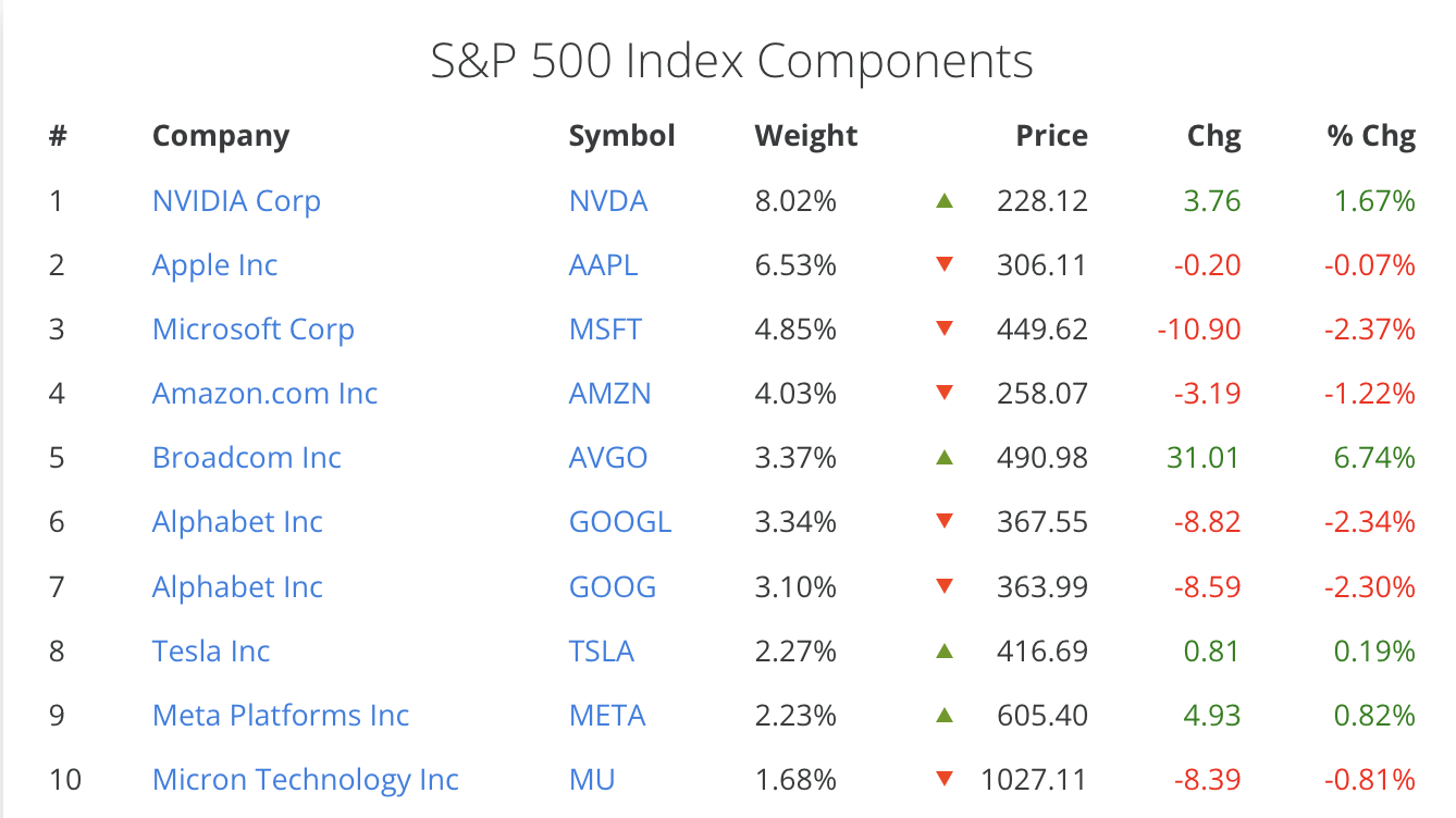 Index S&P 500 táhnout zejména technologické akcie. Zdroj: slickcharts.com