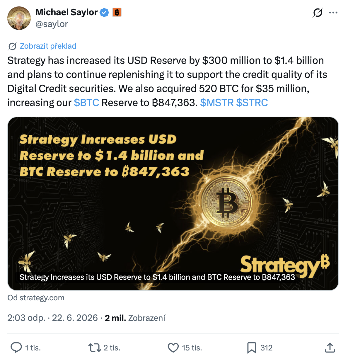 Strategy nakoupila 520 mincí a zároveň zvýšila hotovostní rezervu o 300 milionu dolarů. Zdroj: x.com