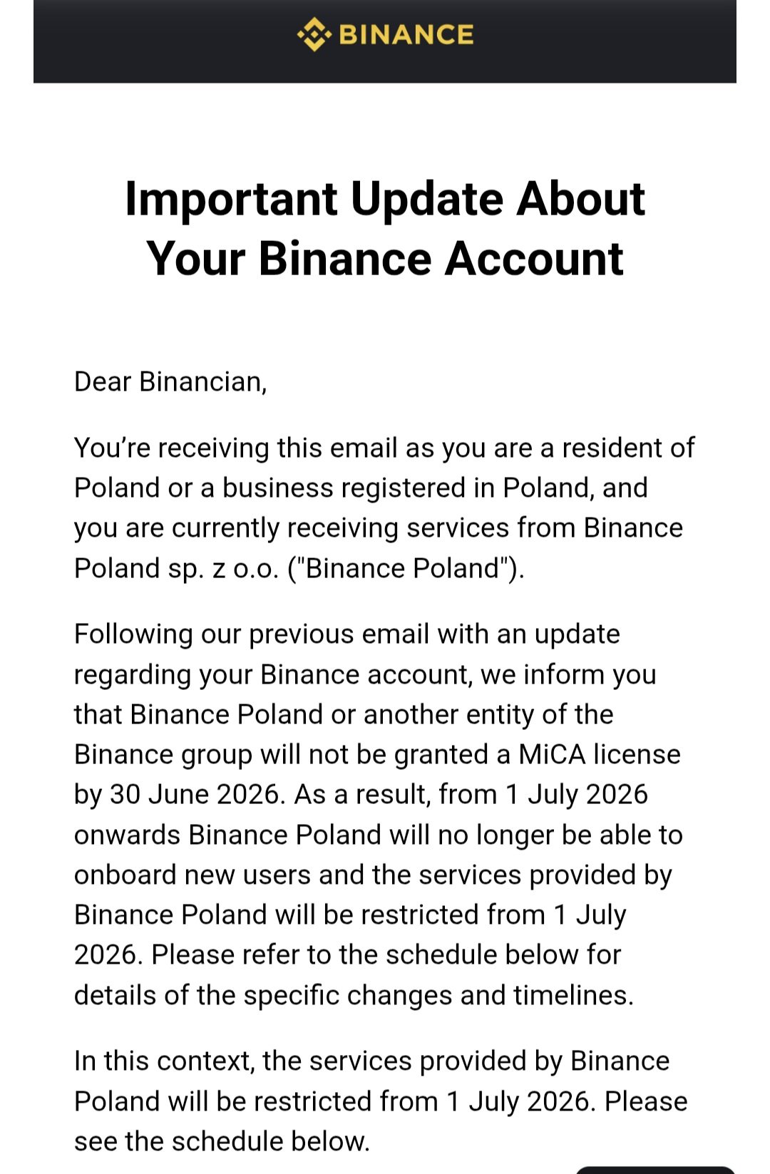 Evropským uživatelům začínají chodit emaily ohledně budoucnosti Binance. Zdroj: X