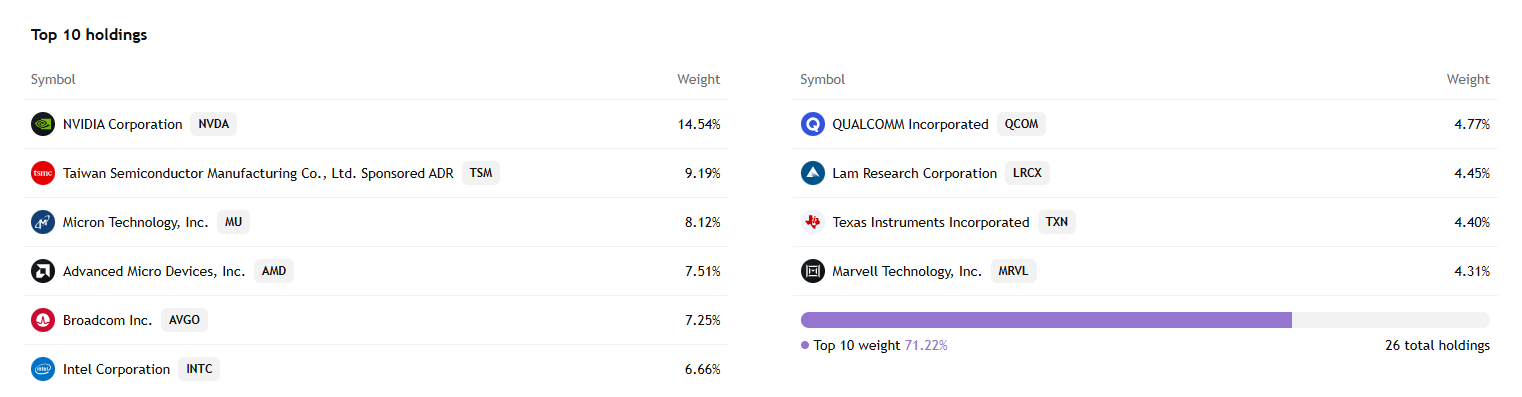 Deset největších pozic představuje více než 71 % portfolia ETF SMH.