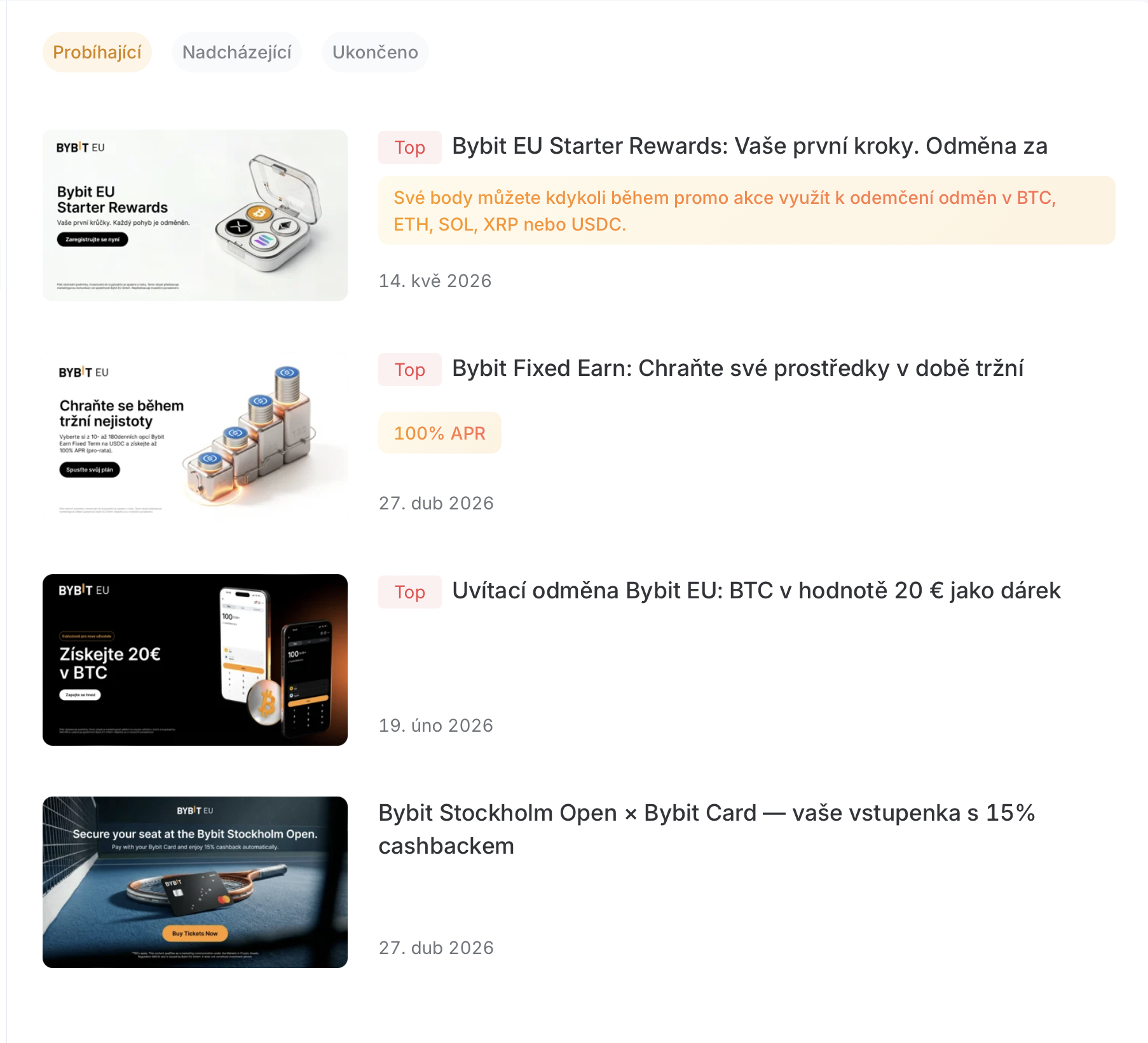 Bybit rovněž nabízí velký počet odměn. Zdroj: bybit.eu
