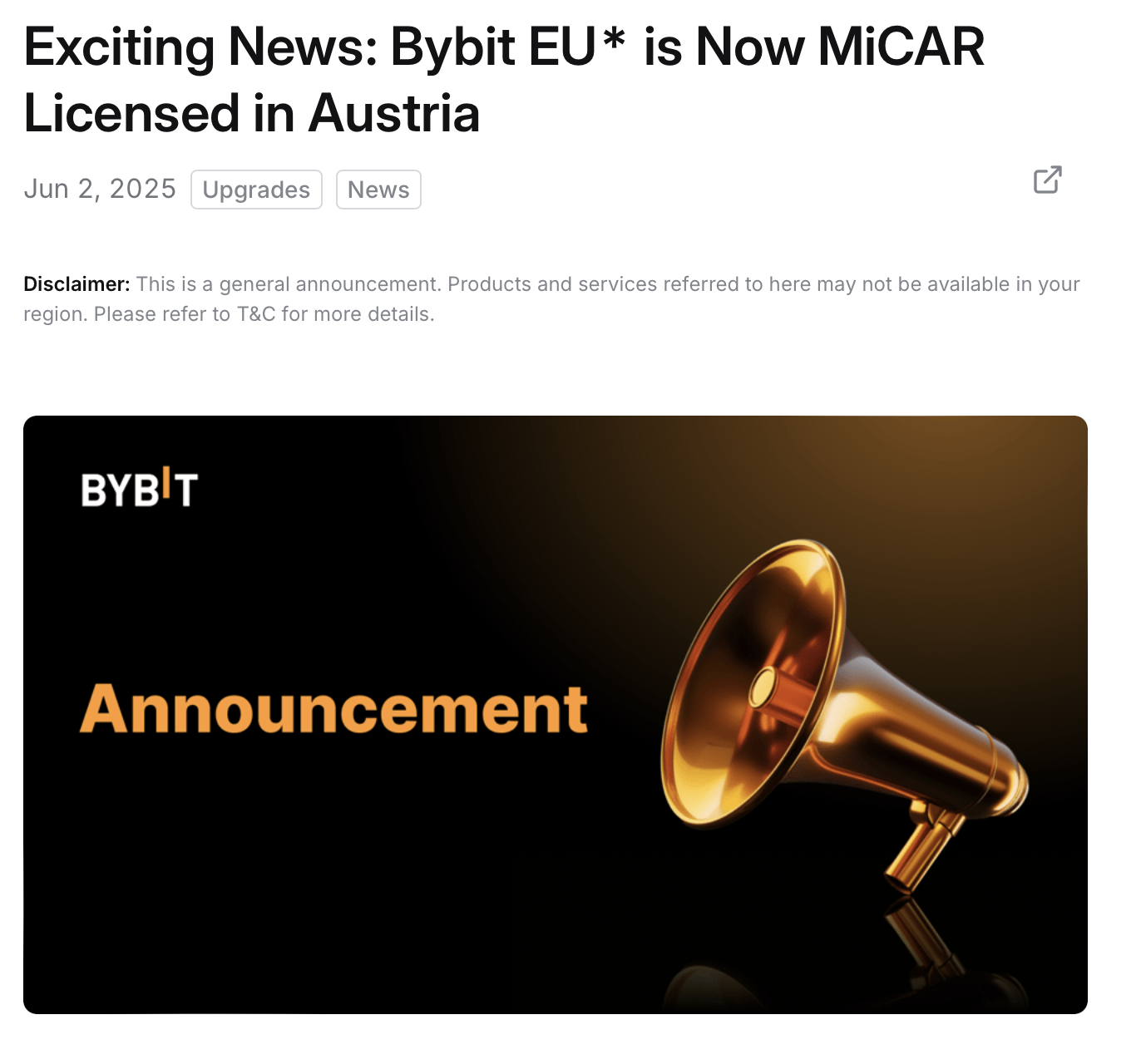 Burza Bybit EU získala licenci MiCAR už minulý rok. Zdroj: bybit.eu