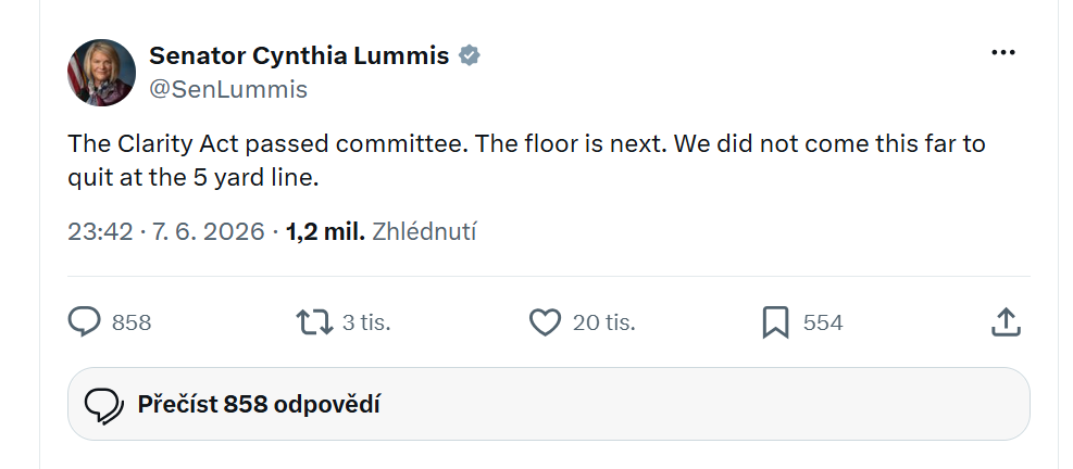 Zákon CLARITY Act úspěšně prošel výborem. Dalším krokem je hlasování v Senátu. Nedostali jsme se až sem proto, abychom to vzdali pět yardů před cílovou čárou.