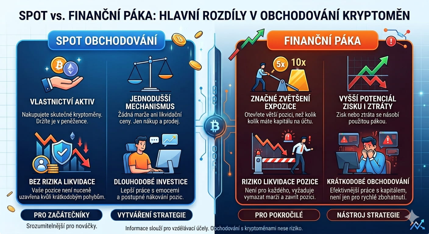 Jaké jsou hlavní rozdíly mezi spotovým nákupem a pákou? Zdroj: kryptomagazin.cz (Gemini)