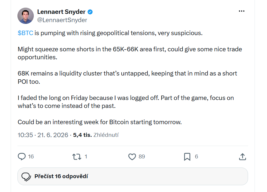 Bitcoin roste navzdory zvyšujícímu se geopolitickému napětí, což působí velmi podezřele. Nejprve by mohl vymačkat short pozice v oblasti 65–66 tisíc dolarů, což by mohlo nabídnout zajímavé obchodní příležitosti. Úroveň 68 tisíc dolarů zůstává nevybraným shlukem likvidity, takže ji mám na paměti také jako potenciální oblast pro short pozici (POI – Point of Interest). V pátek jsem long pozici uzavřel, protože jsem byl offline. To je součást hry. Je lepší soustředit se na to, co přijde, než na to, co už se stalo. Od zítřka nás může čekat zajímavý týden pro bitcoin.
