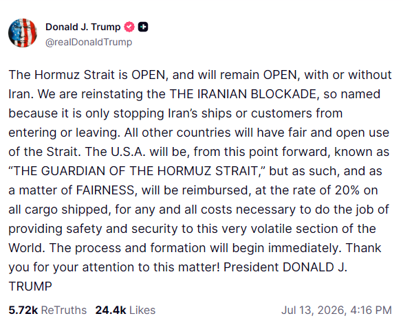 Příspěvek Donalda J. Trumpa na Truth Social ohledně Hormuzu