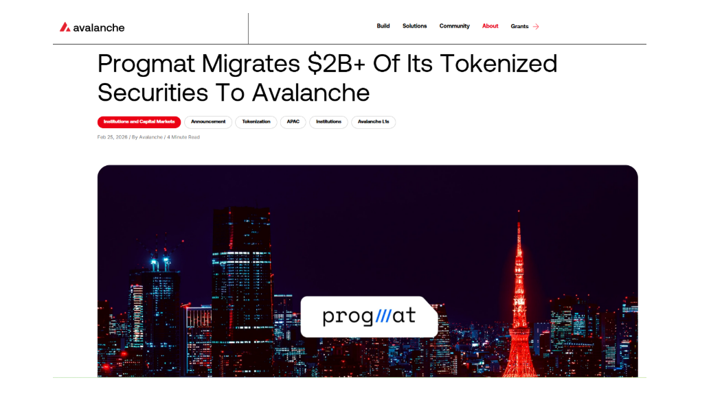 Společnost Progmat přesouvá tokenizované cenné papíry v hodnotě přes 2 miliardy dolarů na blockchain Avalanche. 