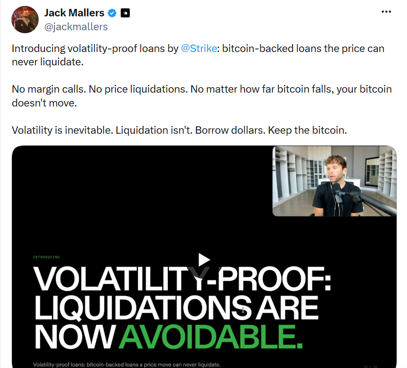 Představujeme nové půjčky od společnosti Strike odolné vůči volatilitě. Bitcoinové úvěry, které nemůže zlikvidovat pohyb ceny bitcoinu. Žádné margin cally. Žádné nucené likvidace kvůli poklesu ceny. Ať už bitcoin spadne jakkoli hluboko, vaše bitcoiny zůstanou na svém místě. Volatilita je nevyhnutelná. Likvidace už být nemusí. Půjčte si dolary a své bitcoiny si ponechte.