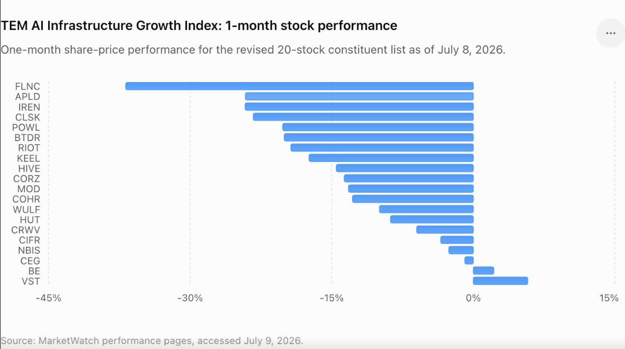 Většina akcií zařazených do indexu TEM AI Infrastructure Growth Index během posledního měsíce výrazně oslabila.
