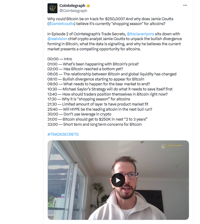 Ve druhé epizodě pořadu Trade Secrets od Cointelegraphu si Ciaran Lyons (@itsciaranlyons) povídá s hlavním kryptoměnovým analytikem společnosti Real Vision Jamiem Couttsem (@realvision) o býčí divergenci, která se začíná formovat na bitcoinu, o tom, jaké signály vysílají aktuální tržní data, a také o tom, proč podle něj současný trh nabízí zajímavou příležitost pro altcoiny.
