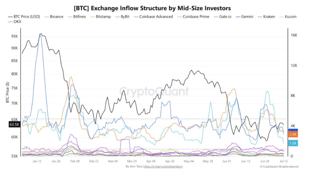 Graf ukazuje příliv bitcoinů na jednotlivé burzy od investorů držících 100 až 1 000 BTC. Aktivita této skupiny v minulosti často předcházela významným cenovým obratům a patří mezi důležité on-chain indikátory tržního sentimentu.