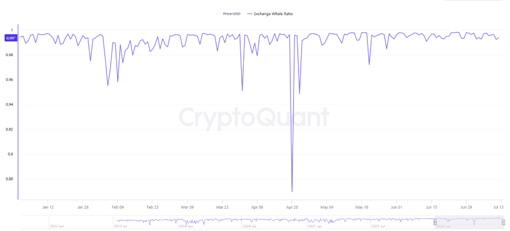 Vývoj ukazatele Bitcoin Exchange Whale Ratio na všech kryptoměnových burzách od začátku roku. Tento indikátor sleduje podíl velkých převodů bitcoinů na celkových přílivech na burzy.