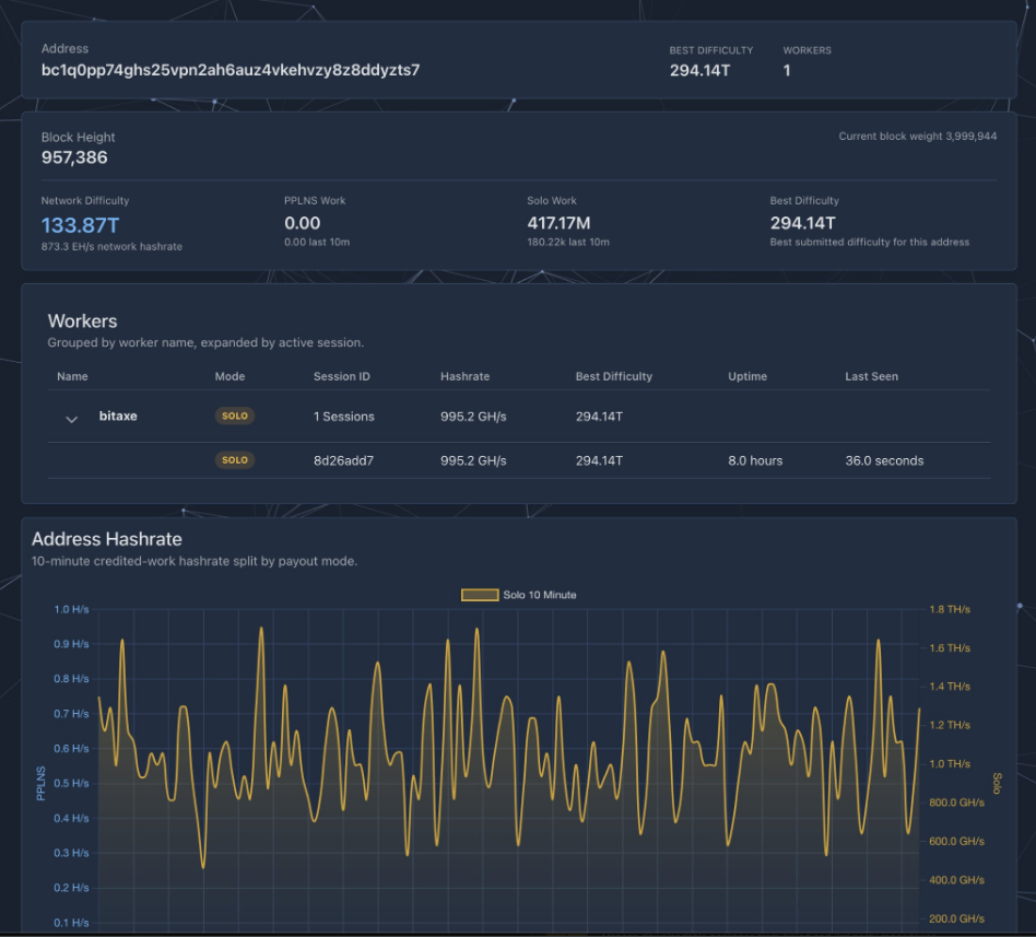 Přehled výkonu zařízení Bitaxe při sólo těžbě bitcoinu. Jediný aktivní těžař dosahoval hashratu přibližně 995 GH/s, zatímco jeho nejlepší zaznamenaná obtížnost činila 294,14 T.