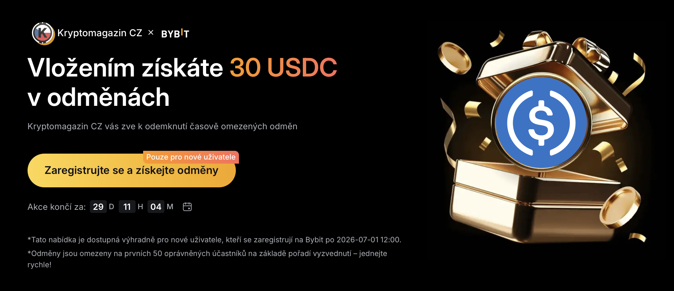 Získejte 30 USDC za vklad alespoň 100 dolarů. Zdroj: bybit.eu