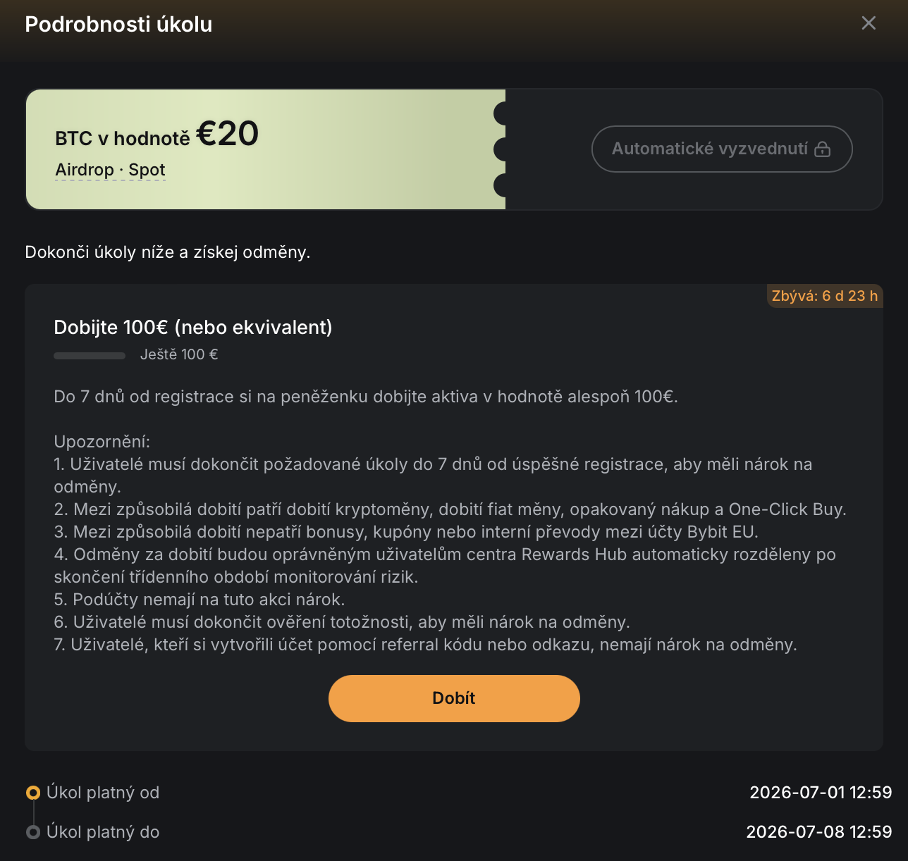 Za splnění tohoto úkolů získáte 20 EUR v bitcoinu. Zdroj: bybit.eu