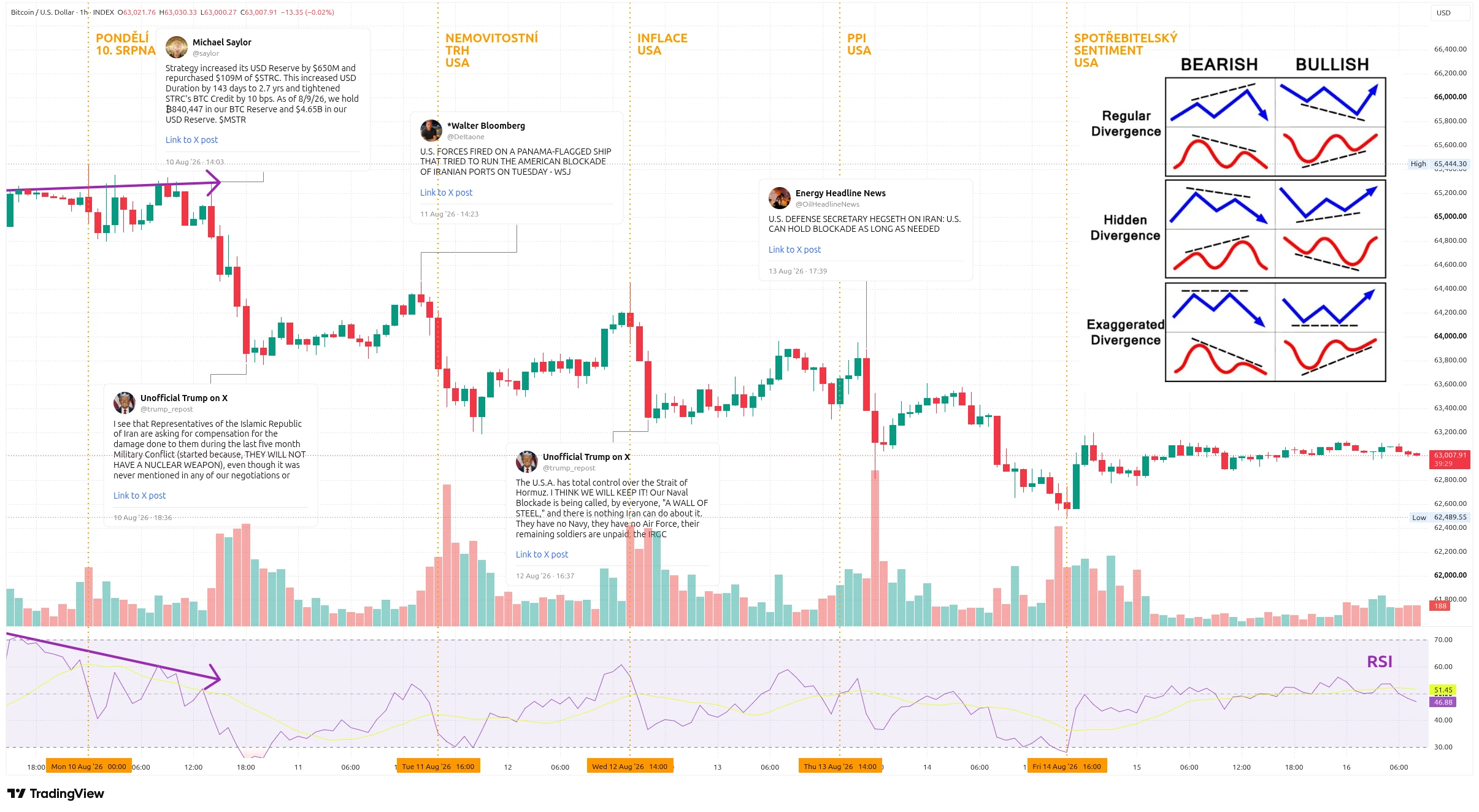 Hodinový graf kurzu ceny bitcoinu s vyznačením důležitých makroekonomických událostí (zdroj: TradingView).