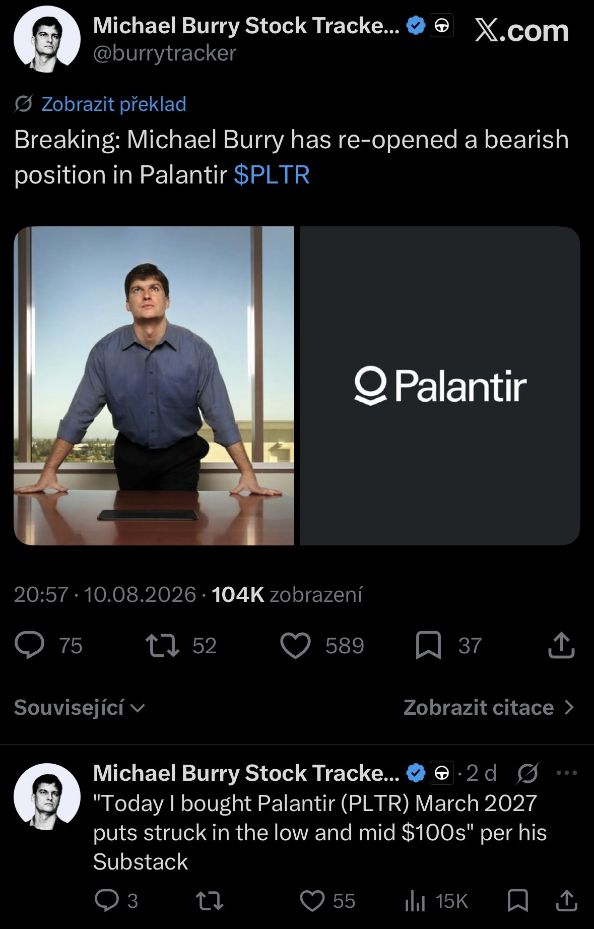 Příspěvek Michaela Burryho na síti X k medvědí pozici na Palantir