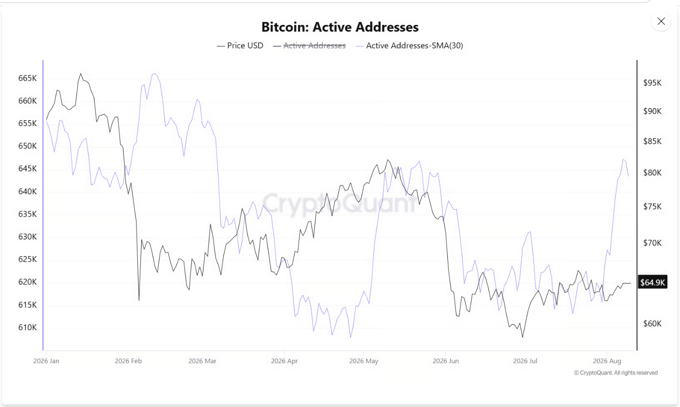 Aktivní bitcoinové adresy se v srpnu výrazně odrazily ode dna. Graf ukazuje prudký růst 30denního průměru, zatímco cena bitcoinu zůstává kolem 65 000 USD.