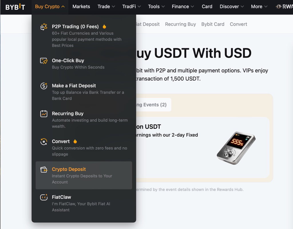 Cryptocurrency deposit screen on Bybit with blockchain network selection