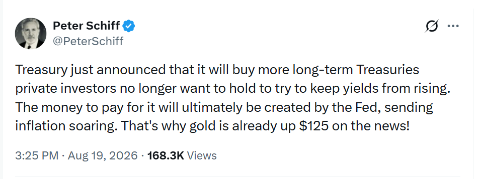 Peter Schiff upozorňuje, že nákupy dlouhodobých amerických dluhopisů ze strany Treasury mohou zvýšit inflační tlaky. Podle něj by tento krok mohl podpořit růst zlata a dalších aktiv, která investoři vnímají jako ochranu před inflací.