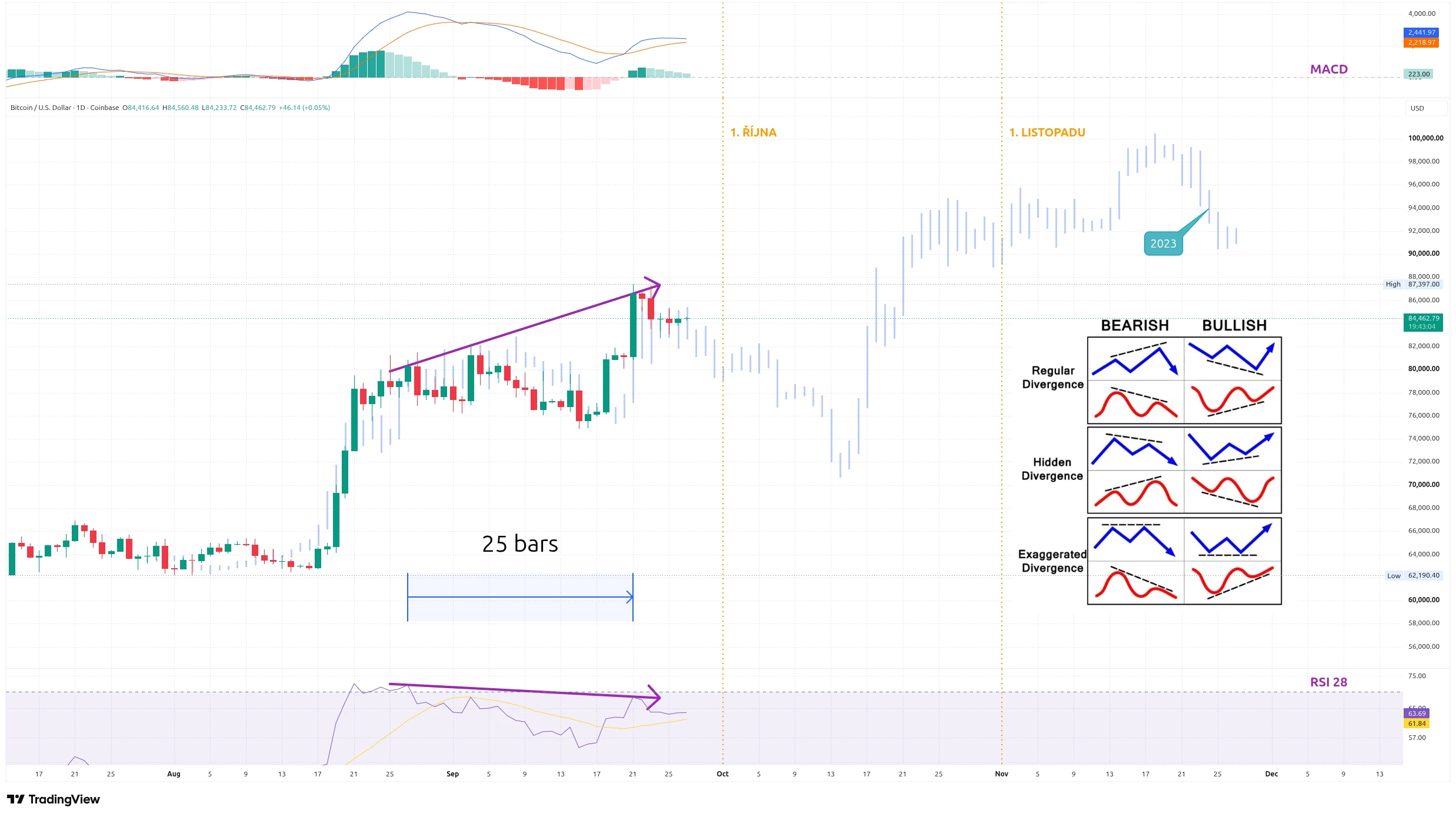 Denní graf kurzu ceny bitcoinu s vyznačením historického vývoje roku 2023, RSI a MACD (zdroj: TradingView).