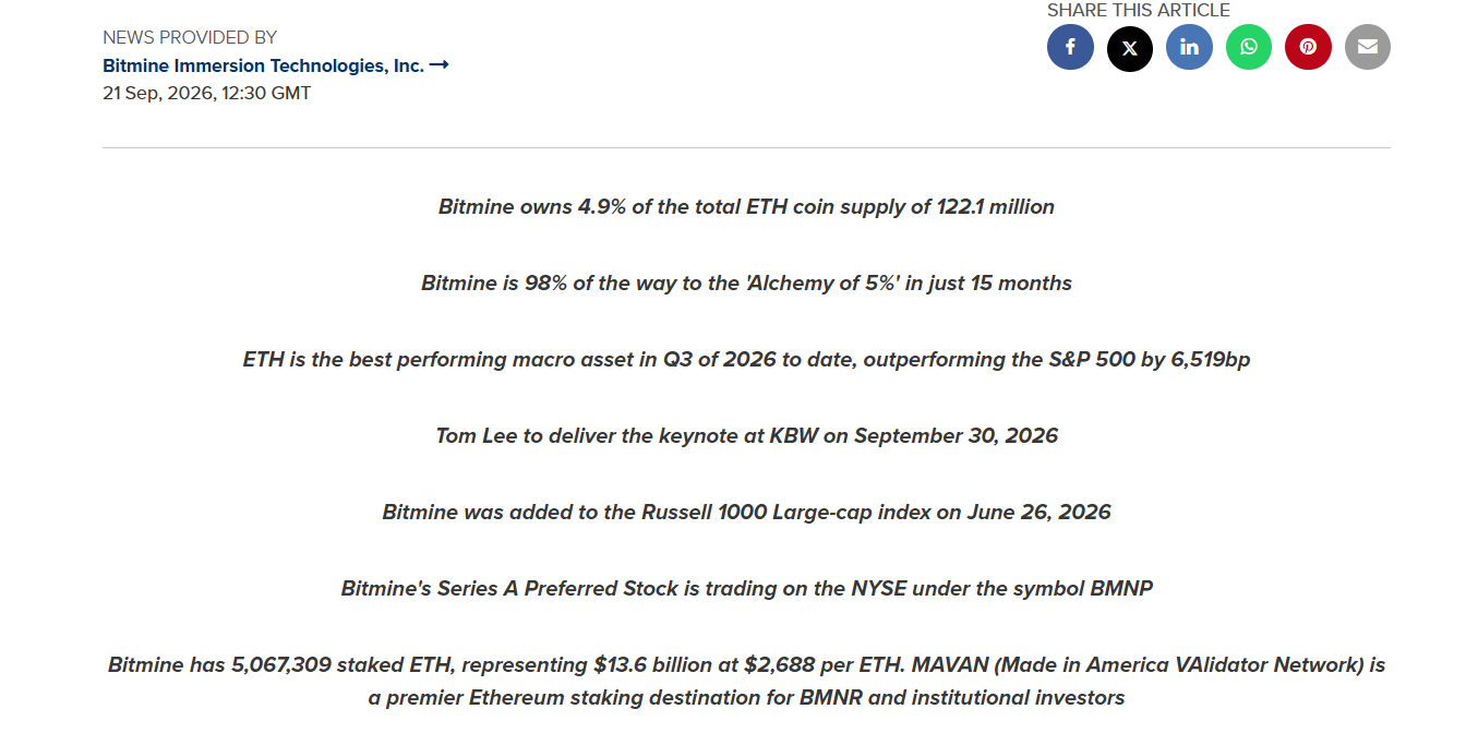 BitMine už drží 4,9 % veškeré nabídky etherea a s 5 067 309 stakovanými ETH se rychle přibližuje k cíli ovládnout 5 % celkové nabídky.
