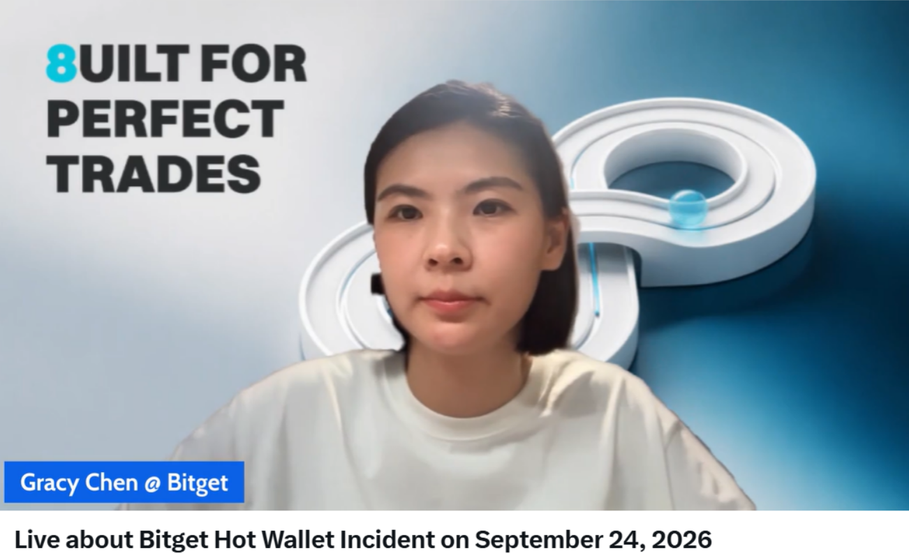 Gracy Chen, generální ředitelka Bitgetu, během živého vysílání komentuje bezpečnostní incident a útok na hot wallets burzy z 24. září 2026.