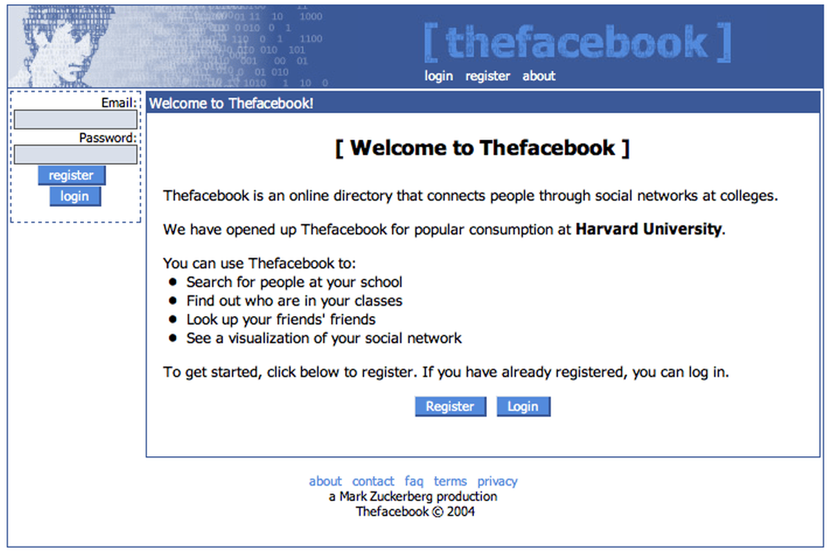 Facebook v roce 2004. Zdroj: webdesignmuseum.org