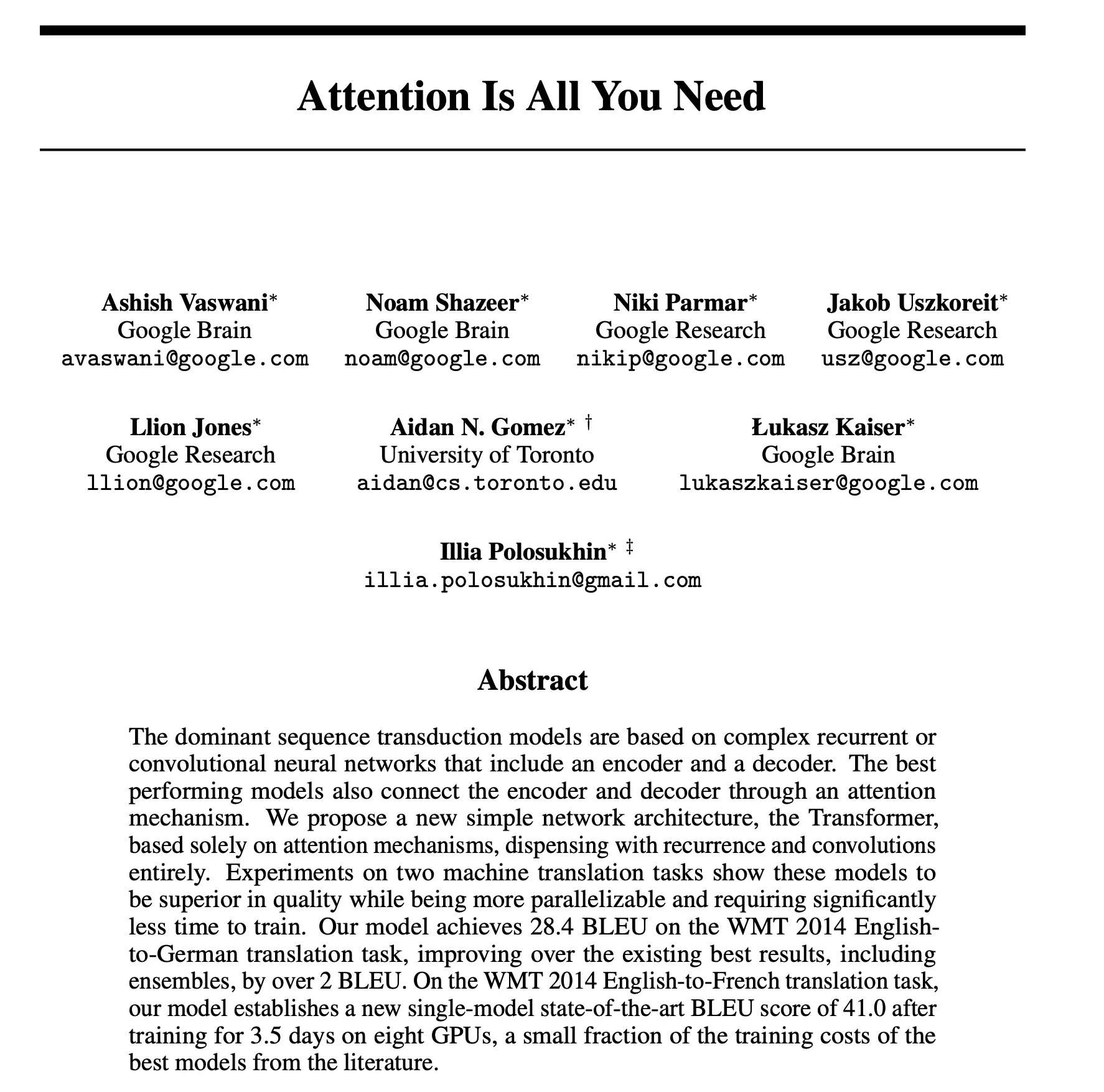 Abstract of the “Attention Is All You Need” paper. Source: neurips.cc