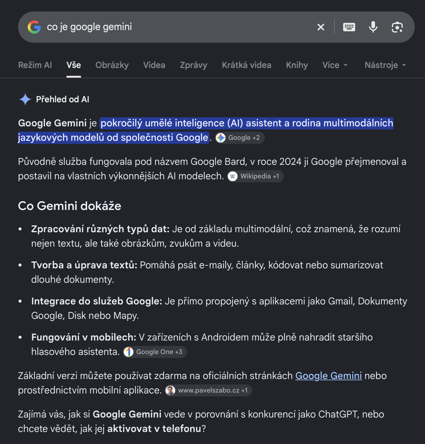 Gemini už je běžnou součástí vyhledávání Google. Zdroj: google.com