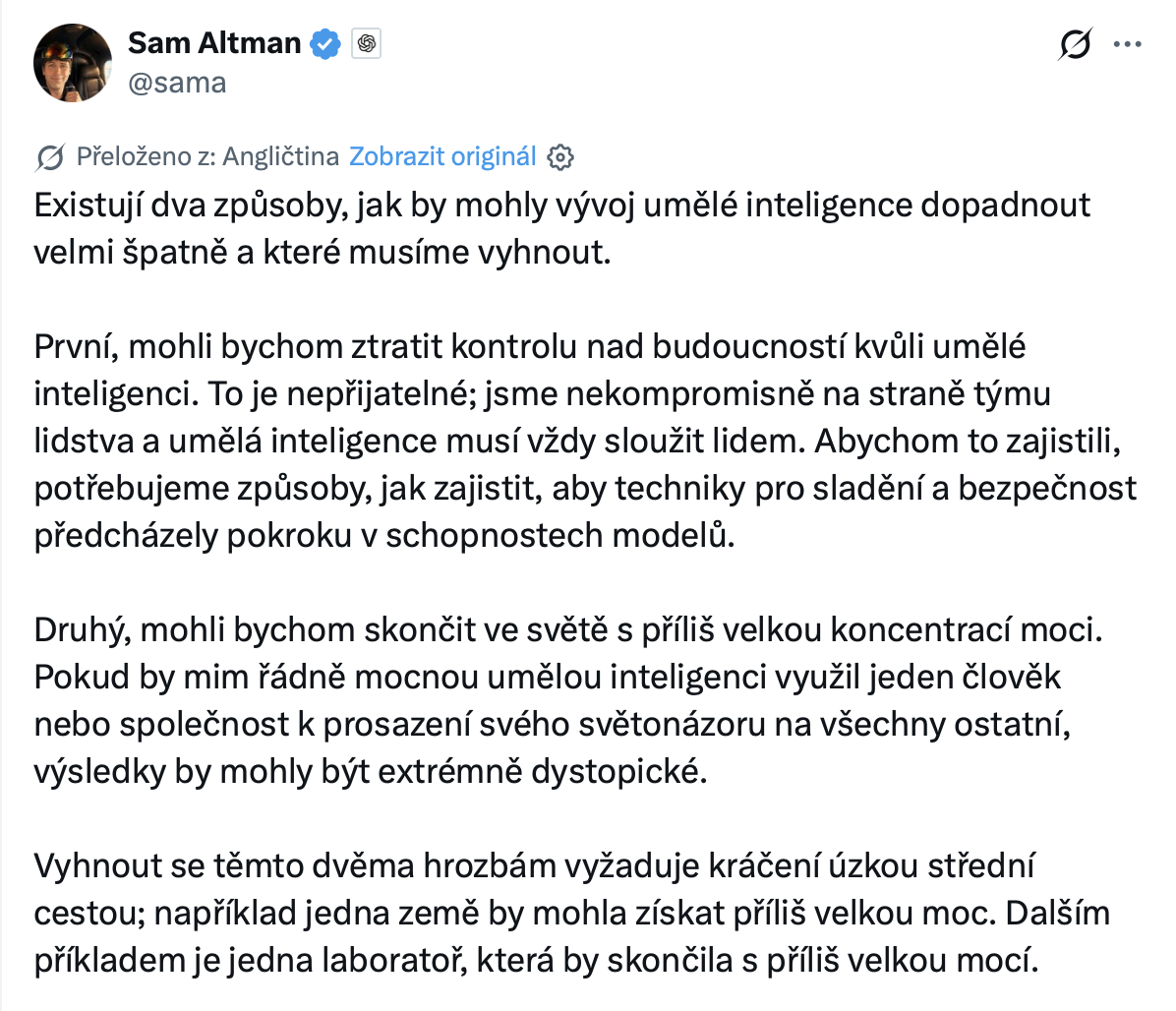 Šéf společnosti OpenAI Sam Altman na platformě X varuje před vývojem AI. Zdroj: x.com