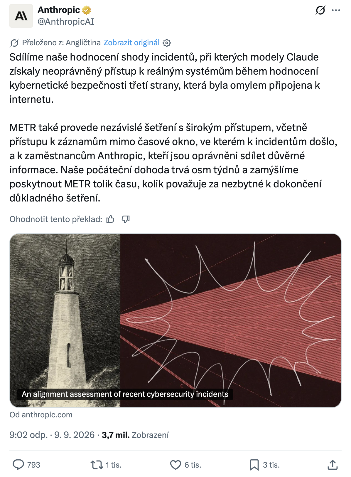 Společnost Anthropic 9. září upozornila na bezpečnostní incidenty svých modelů. Zdroj: x.com
