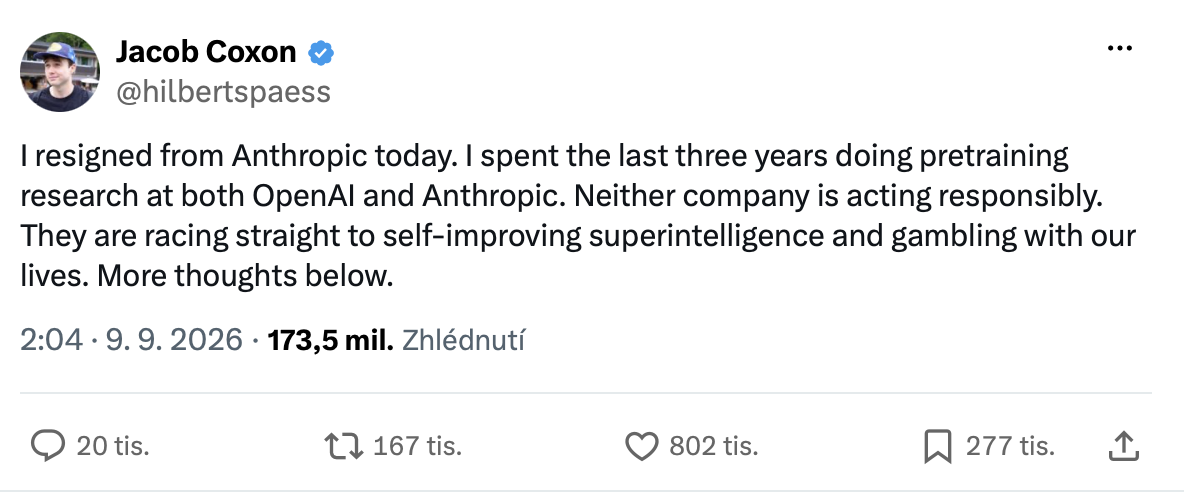 Jacob Coxon na sociální síti X rozpoutal debatu o bezpečnosti umělé inteligence. Zdroj: x.com