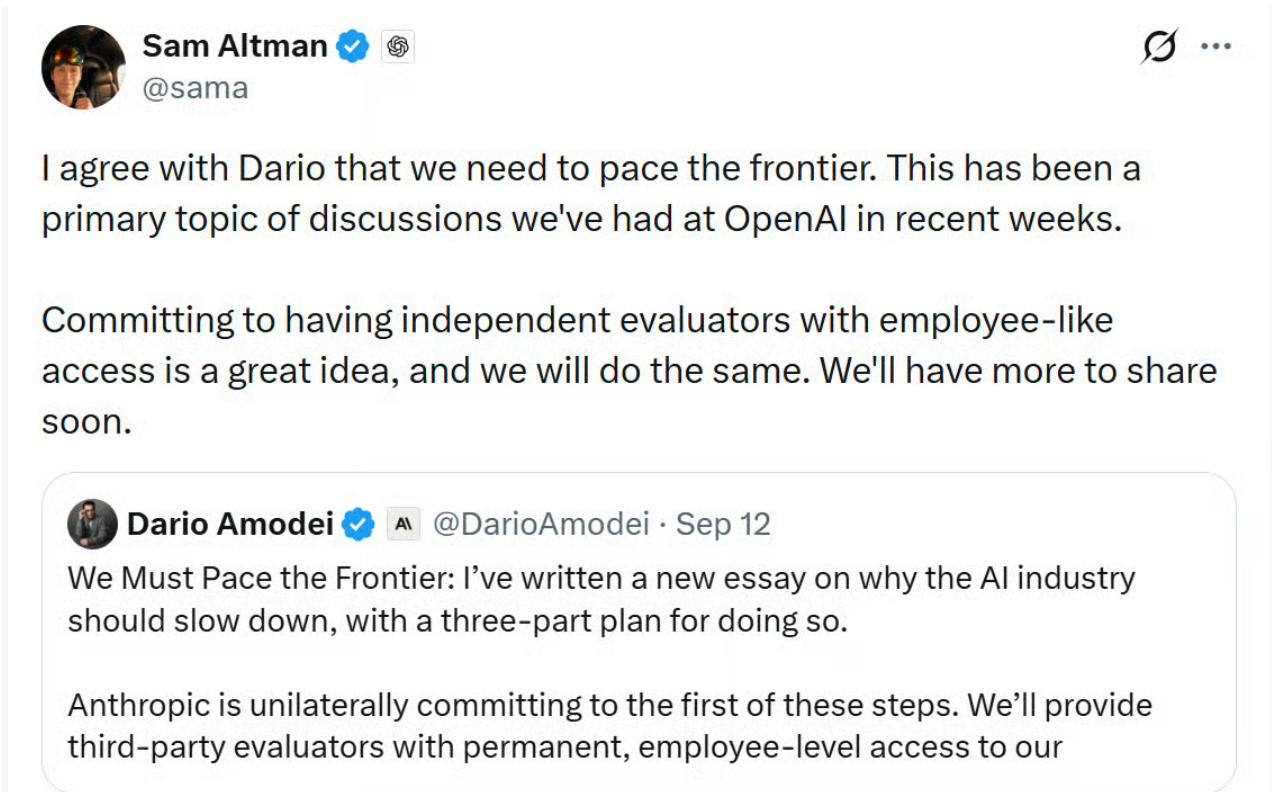 Šéf OpenAI Sam Altman podpořil výzvu Daria Amodeiho ke zpomaleniu vývoje nejpokročilejší umělé inteligence a oznámil, že také OpenAI umožní nezávislým hodnotitelům přístup na úrovni zaměstnanců.
