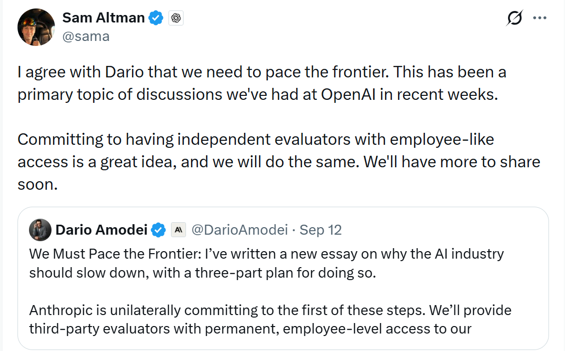 Sam Altman podporuje výzvu ke zpomalení vývoje nejpokročilejších AI systémů. Uvedl, že OpenAI chce zavést nezávislé hodnotitele s přístupem podobným zaměstnancům, kteří by mohli lépe prověřovat bezpečnost nových modelů.