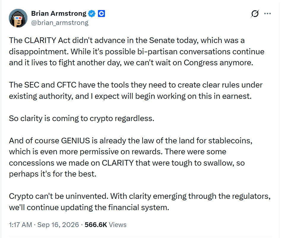 Brian Armstrong reaguje na neúspěch CLARITY Actu v Senátu. Šéf Coinbase očekává, že SEC a CFTC budou pokračovat ve vytváření jasnějších pravidel pro kryptoměnový sektor i bez nového zákona. Zároveň připomíná, že pravidla pro stablecoiny už stanovuje GENIUS Act.