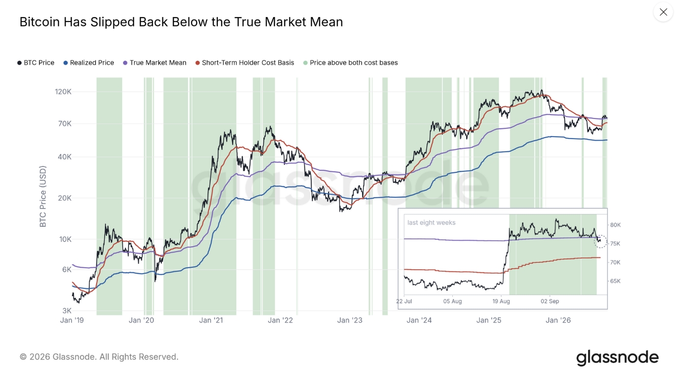 Bitcoin se podle grafu dostal pod True Market Mean, který představuje průměrnou nákupní cenu aktivních investorů. Aktuální vývoj tak ukazuje na slábnoucí podporu a zvýšené riziko dalšího poklesu, pokud se cena nad tuto klíčovou úroveň nevrátí.