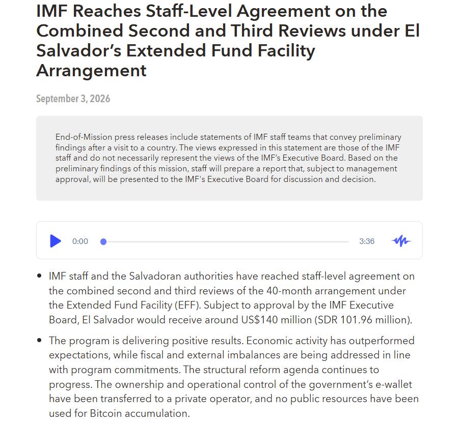 IMF ve svém oznámení potvrzuje, že El Salvador při akumulaci bitcoinu nepoužil veřejné prostředky. Dokumentace podle fondu prokázala, že přírůstky BTC od první revize programu pocházely ze soukromých darů.