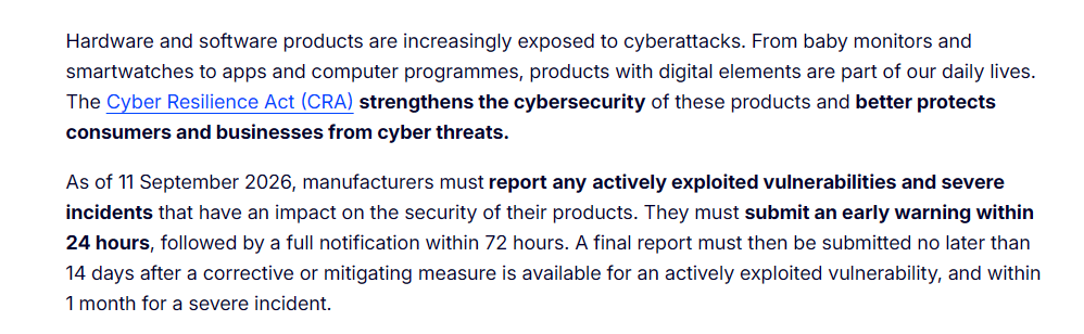 Výřez informací Evropské komise o Cyber Resilience Act a povinném hlášení kybernetických zranitelností a incidentů