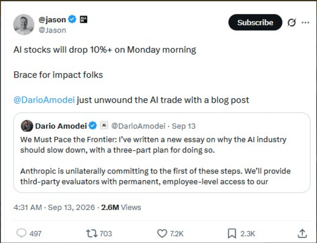 Investor Jason varoval před možným propadem akcií spojených s umělou inteligencí o více než 10 %, který podle něj může přijít v reakci na výzvu Daria Amodeiho ke zpomalení vývoje AI.