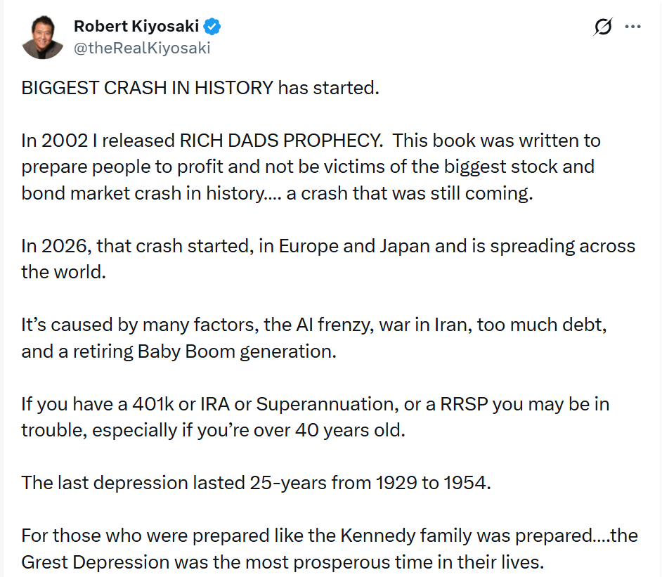 Robert Kiyosaki varuje, že podle něj v roce 2026 začal největší akciový a dluhopisový krach v historii. Za hlavní příčiny označuje mimo jiné AI horečku, vysoké zadlužení, válku a odchod generace Baby Boomers do důchodu.