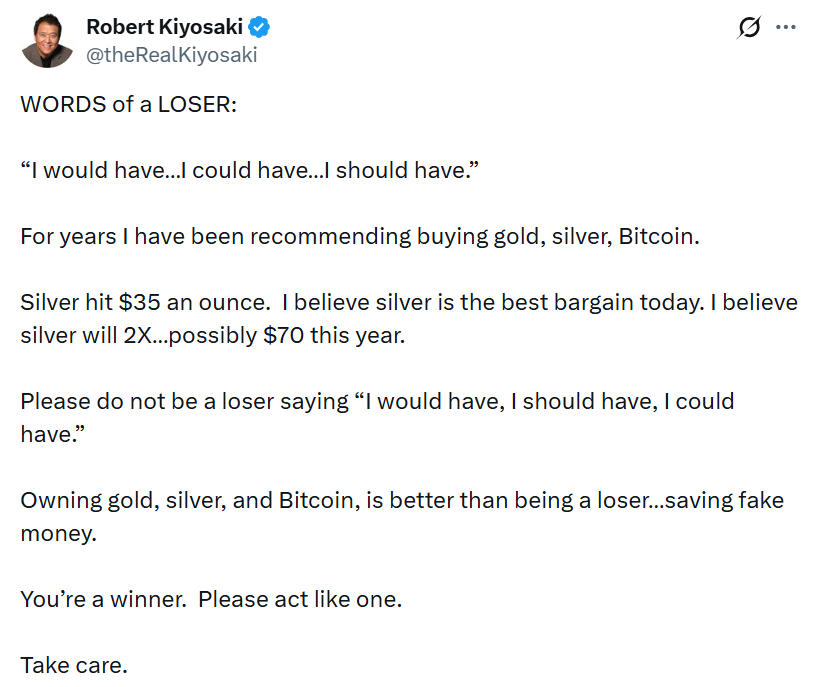 Robert Kiyosaki ve svém příspěvku na X vyzývá investory, aby nelitovali promarněných příležitostí, a znovu zdůrazňuje svůj dlouhodobý pohled na zlato, stříbro a bitcoin jako na aktiva, která podle něj stojí za držení.