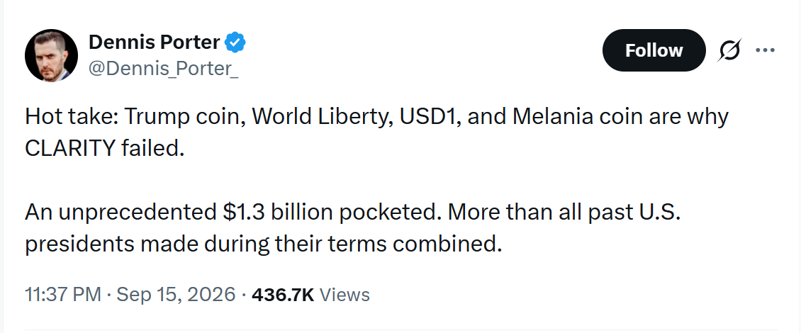 Dennis Porter spojuje neúspěch CLARITY Actu s kryptoměnovými projekty spojenými s Trumpovou rodinou. Ve svém příspěvku zmiňuje Trump Coin, World Liberty, USD1 a Melania Coin a tvrdí, že právě jejich finanční vazby se staly jedním z důvodů odporu vůči návrhu zákona.