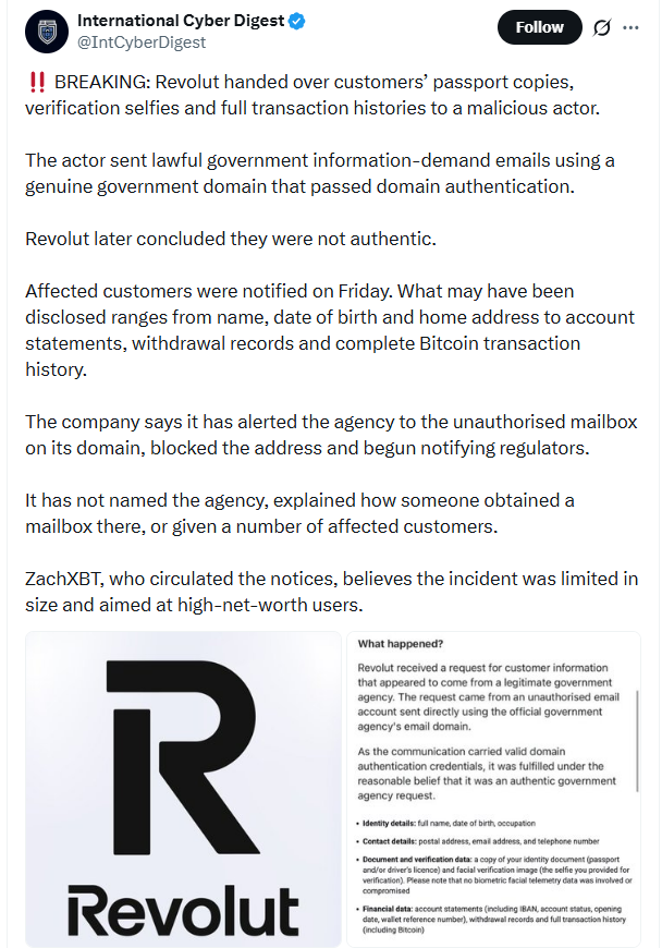Revolut omylem předal útočníkům citlivá zákaznická data včetně kopií dokladů, ověřovacích selfie a finančních údajů, protože podvodný požadavek přišel z legitimní vládní domény.