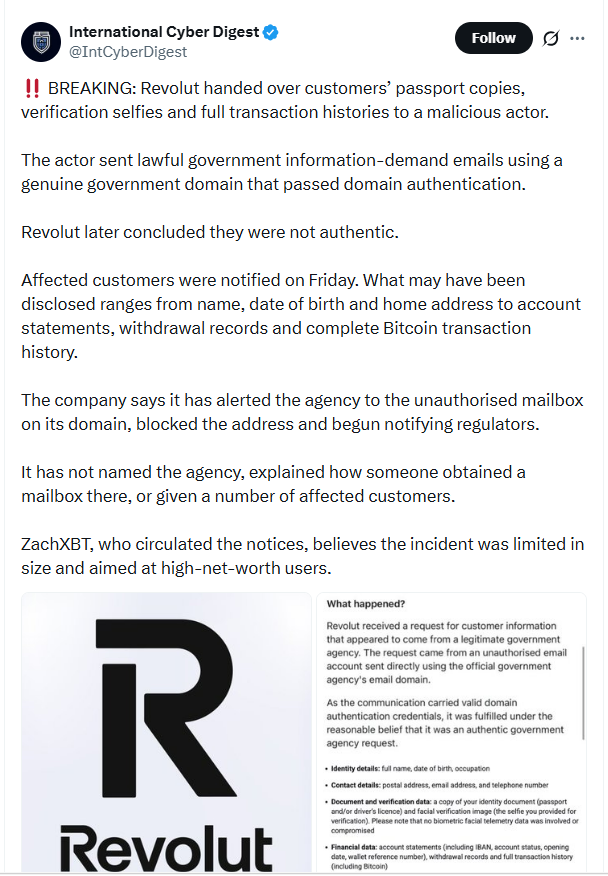 Revolut čelí bezpečnostnímu incidentu, při kterém se citlivá data některých klientů dostala k útočníkovi. Ten využil podvodné e-maily z legitimní vládní domény.