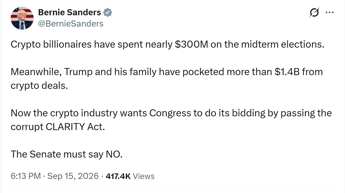 Bernie Sanders kritizuje vliv kryptoměnového průmyslu na americkou politiku. Ve svém příspěvku tvrdí, že krypto miliardáři utratili téměř 300 milionů dolarů za volby a že Trumpova rodina získala z kryptoměnových aktivit více než 1,4 miliardy dolarů.