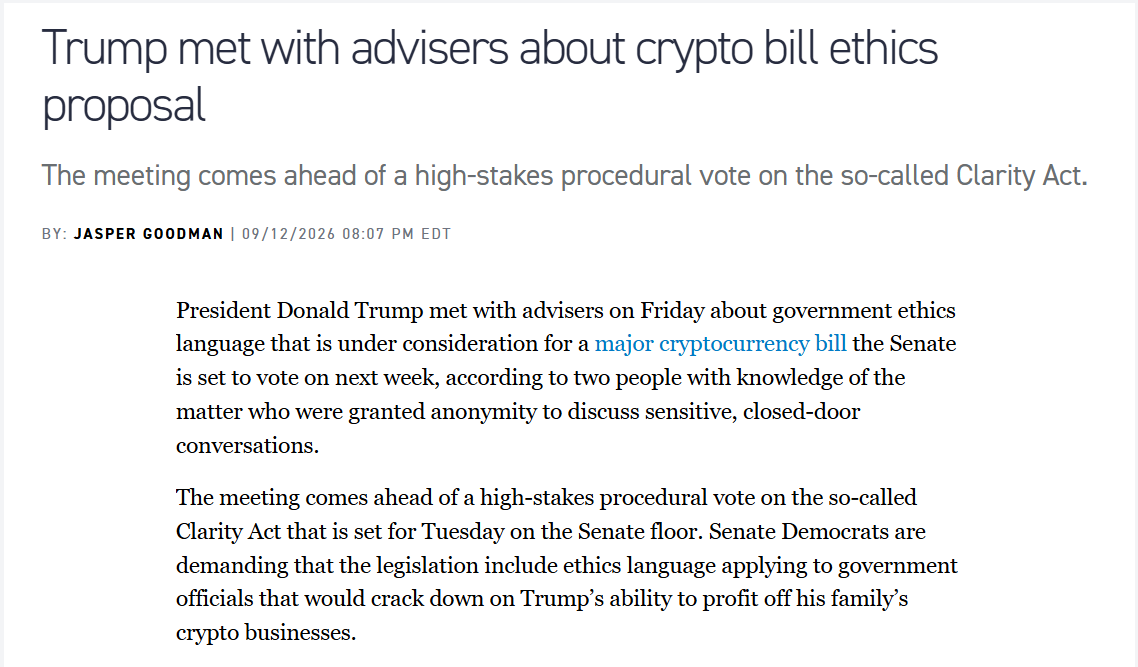Prezident Donald Trump jednal se svými poradci o etických pravidlech v připravovaném CLARITY Actu, který má projít klíčovým hlasováním v americkém Senátu.